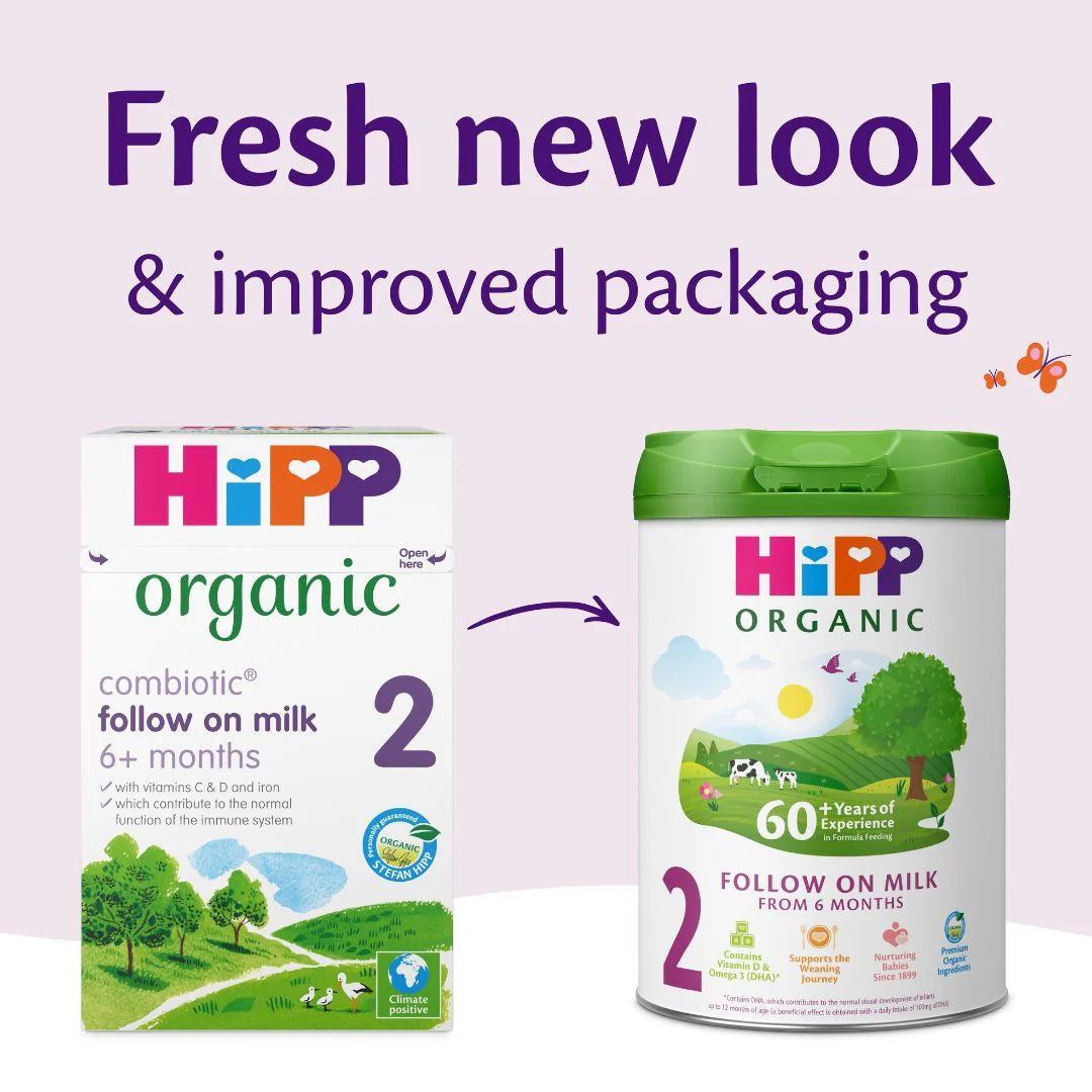 Hipp UK stage 2 organic baby formula packaging with text 'Fresh new look & improved packaging' on a light purple background