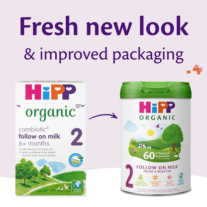 Hipp UK stage 2 organic baby formula packaging with text 'Fresh new look & improved packaging' on a light purple background