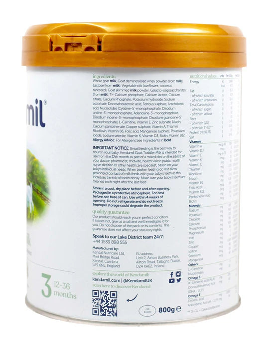 Kendamil goat toddler milk stage 3 container ingredents