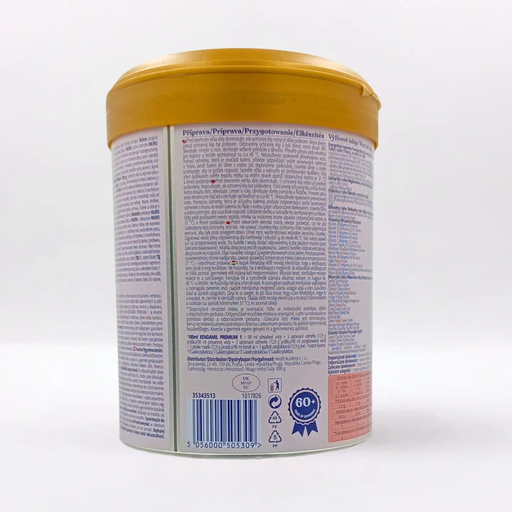 Kendamil premium first infant milk powder container side image of barcode on a white background
