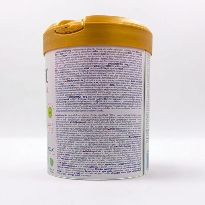 Kendamil premium first infant milk powder container side image of ingredients on a white background