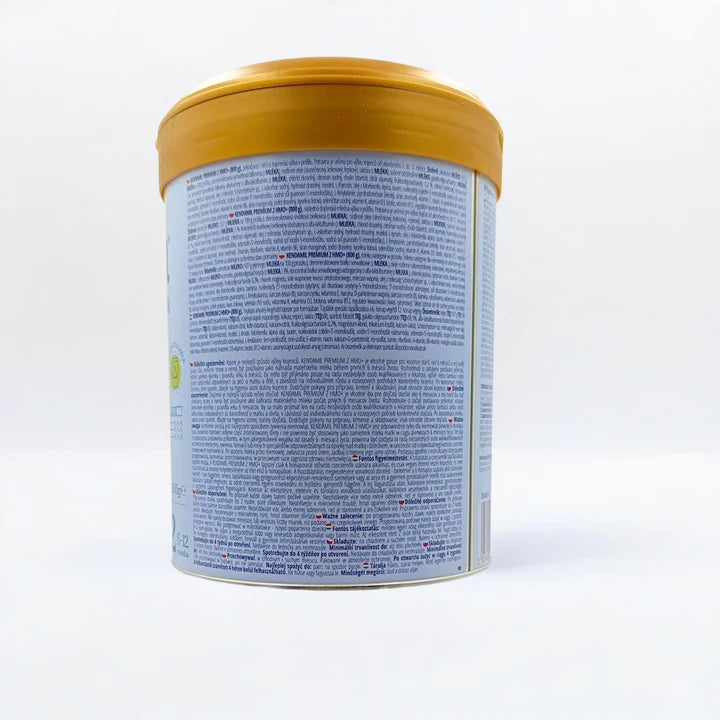 Kendamil Premium Stage 2 Container with a gold lid and ingredients listed