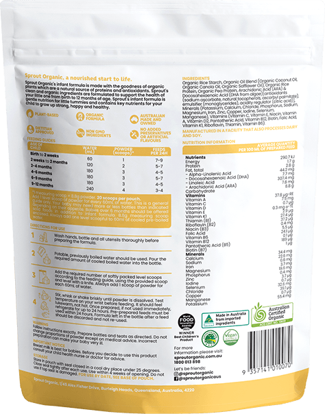 Sprout (0-12 months) Organic Vegan Infant Formula (176g/6oz) - Mini Pouch - PERFECT TRIAL SIZE - Grow Organic Baby