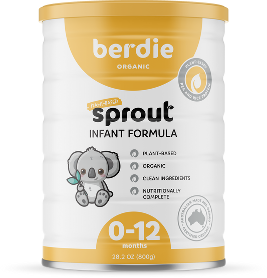 Berdie by Sprout organic plant-based infant formula, front of the 800g can