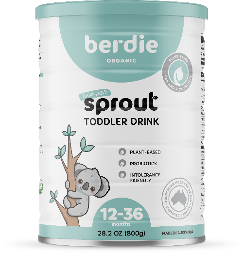 Sprout organic plant-based toddler drink, front of the 800g/28oz can with Berdie branding