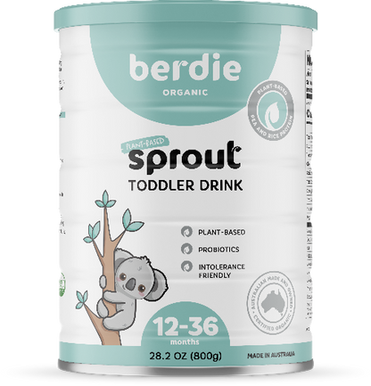 Sprout organic plant-based toddler drink, front of the 800g/28oz can with Berdie branding