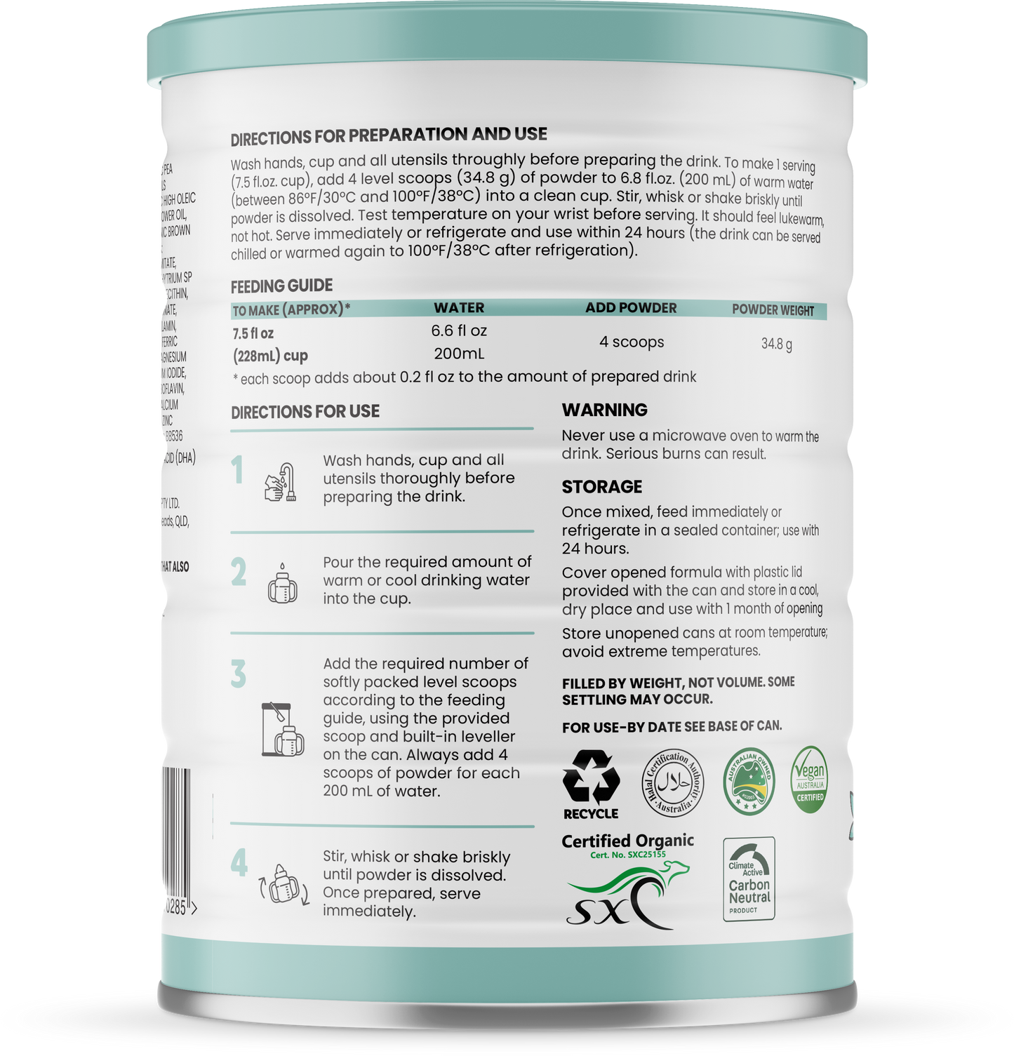 Sprout organic plant-based toddler drink 800g/28oz can with directions for preparation and use, back of can