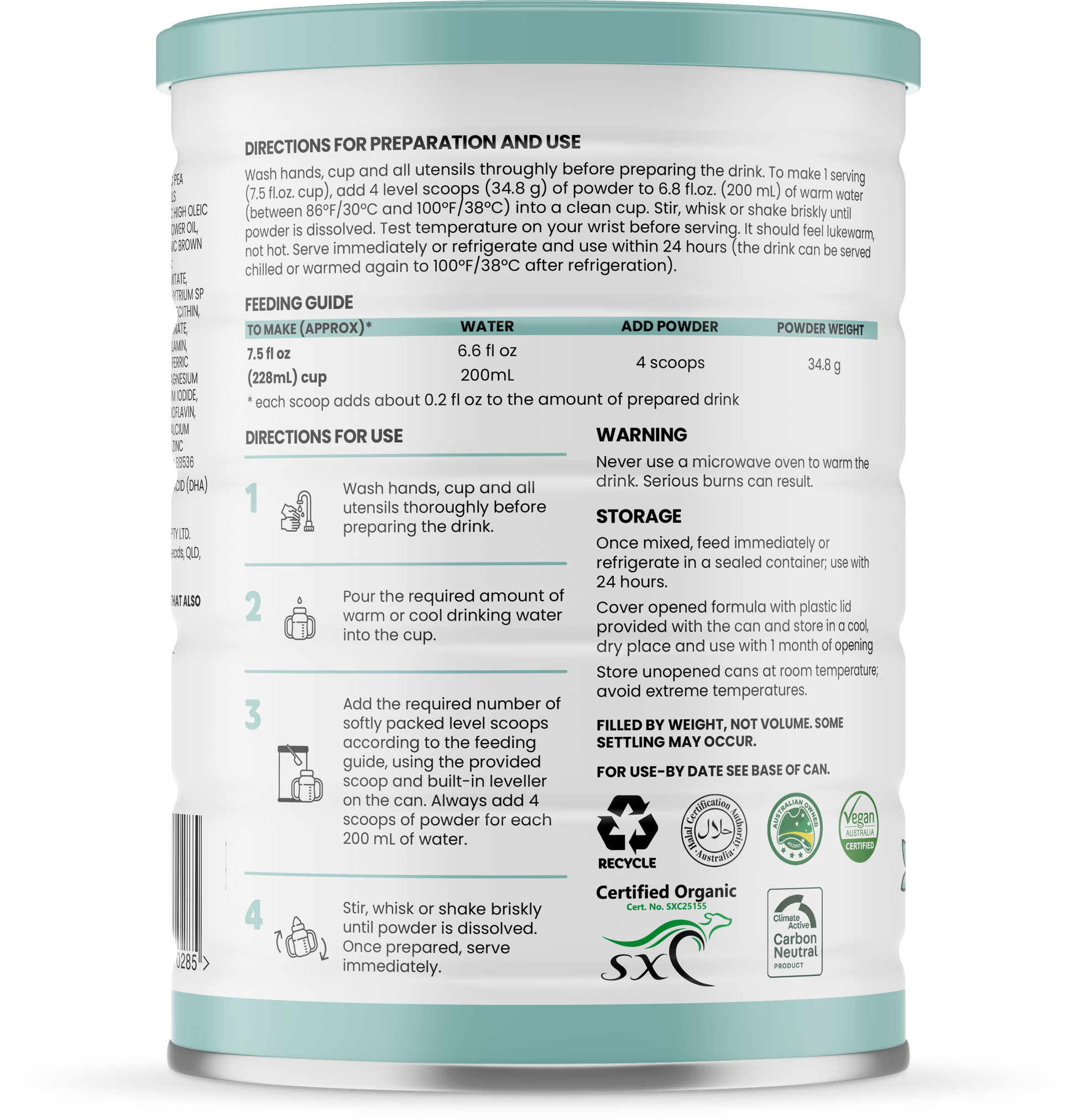 Sprout organic plant-based toddler drink 800g/28oz can with directions for preparation and use, back of can