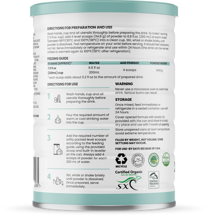 Sprout organic plant-based toddler drink 800g/28oz can with directions for preparation and use, back of can