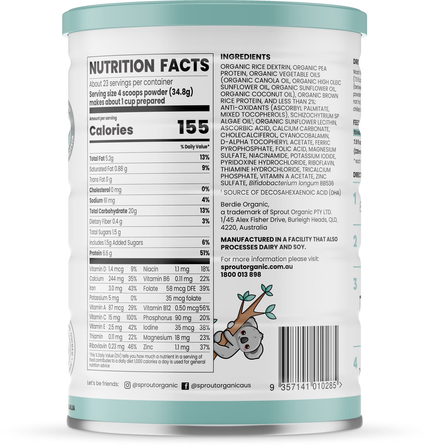 Sprout organic plant-based toddler drink 800g/28oz can, back of can showing nutrition facts and ingredients