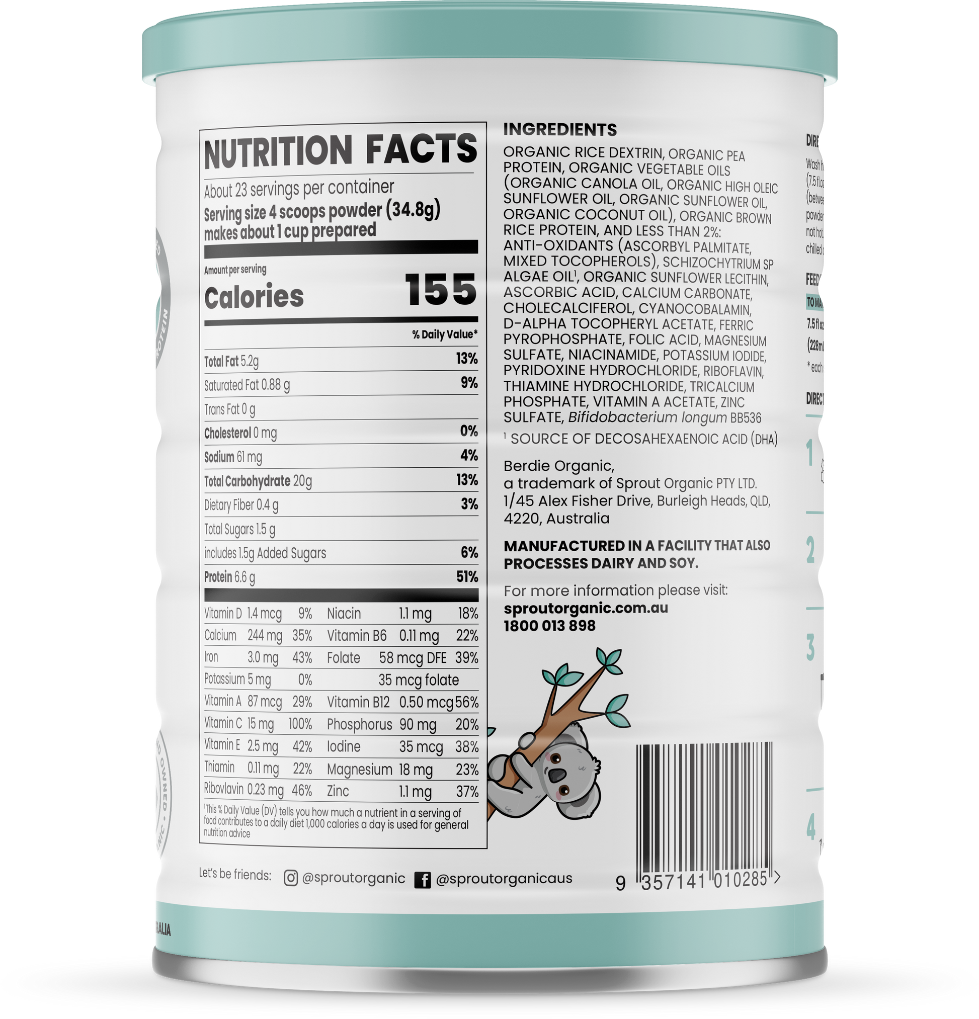Sprout organic plant-based toddler drink 800g/28oz can, back of can showing nutrition facts and ingredients