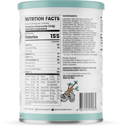 Sprout organic plant-based toddler drink 800g/28oz can, back of can showing nutrition facts and ingredients