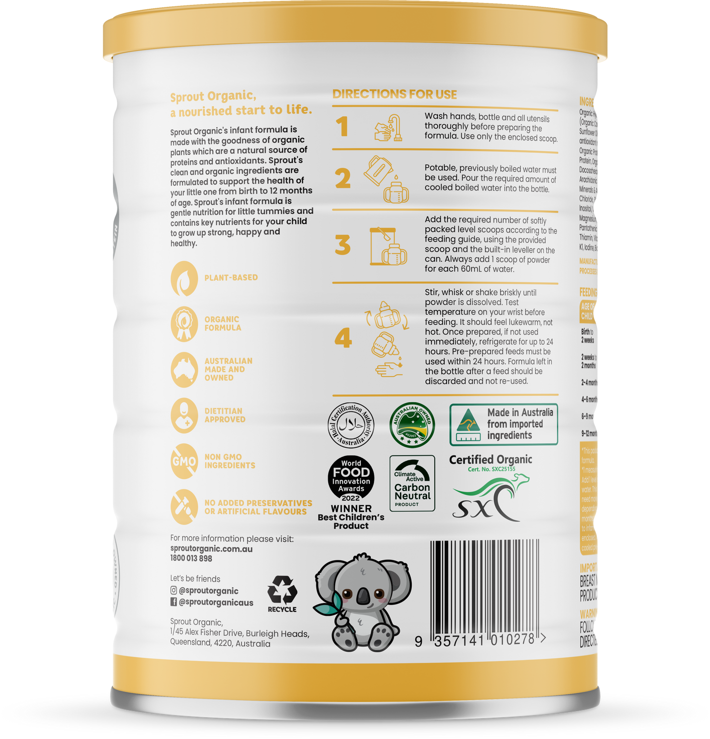 Sprout organic plant-based infant formula 800g/28oz can, directions for use on back of can