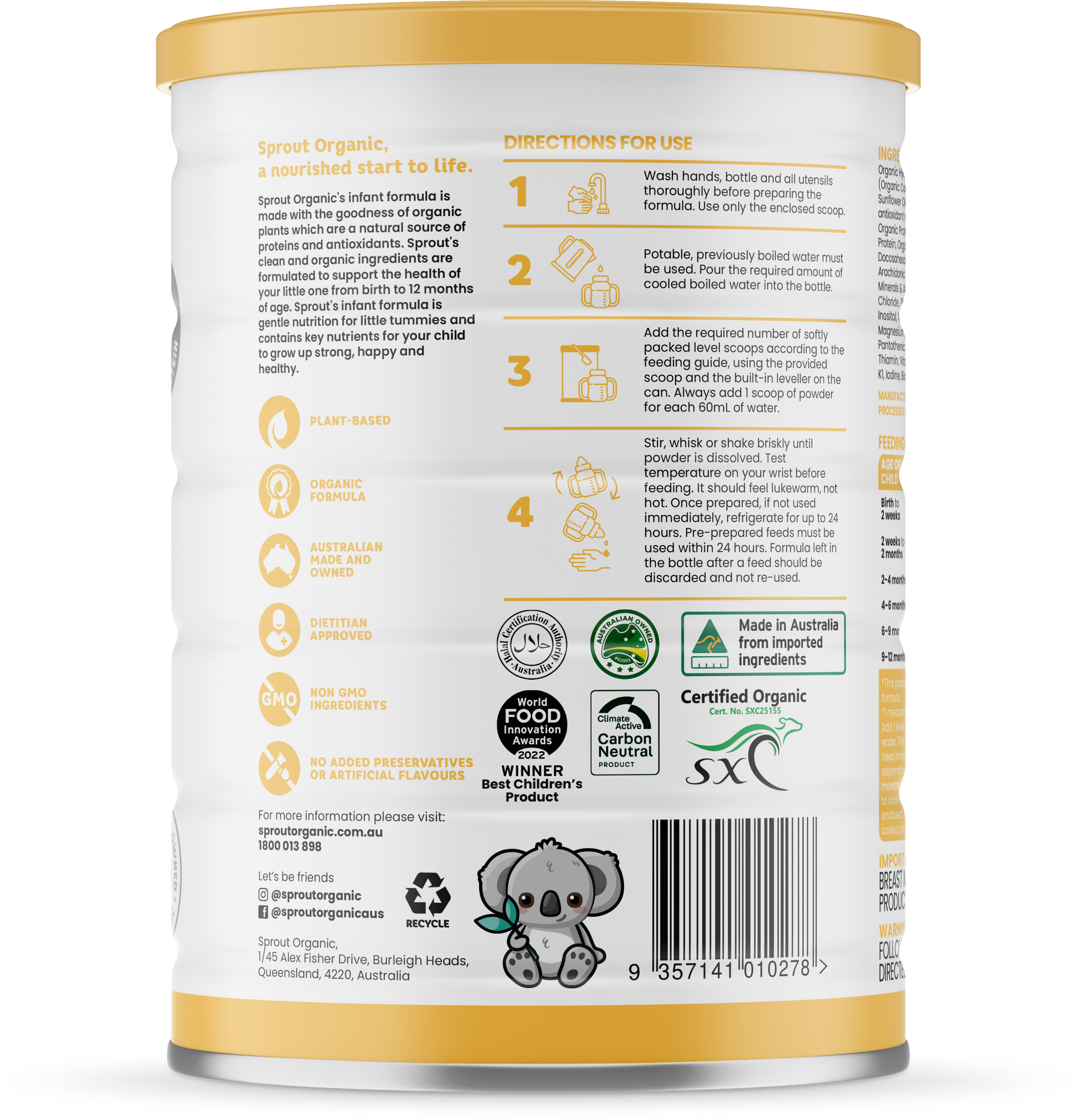 Sprout organic plant-based infant formula 800g/28oz can, directions for use on back of can