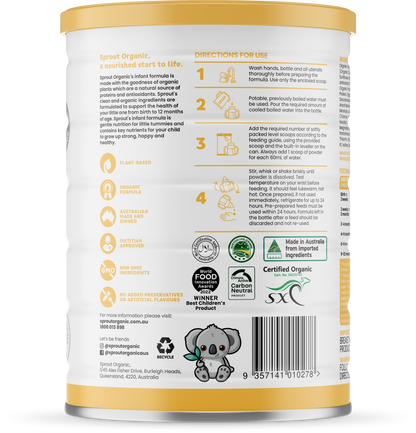 Sprout organic plant-based infant formula 800g/28oz can, directions for use on back of can