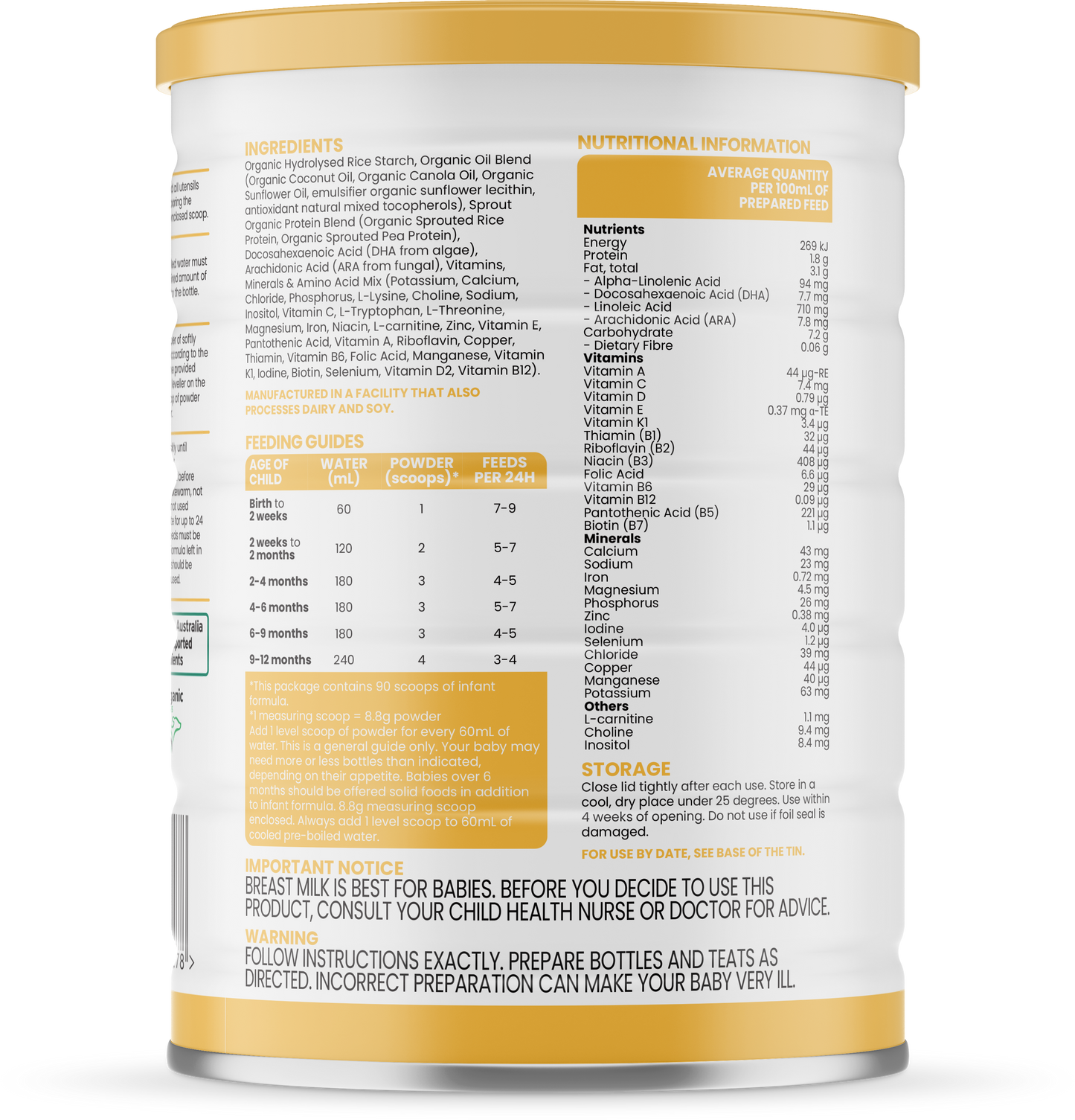 Sprout organic plant-based infant formula 800g/28oz can, ingredients and nutritional information