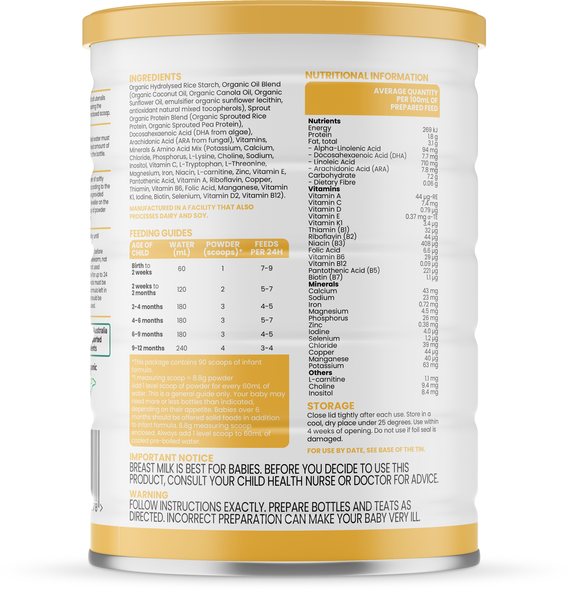 Sprout organic plant-based infant formula 800g/28oz can, ingredients and nutritional information