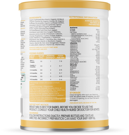 Sprout organic plant-based infant formula 800g/28oz can, ingredients and nutritional information