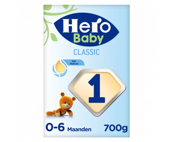 Packaging of Hero Baby Classic Stage 1 infant formula, indicating it is suitable for 0-6 month old infants and has a weight of 700g.