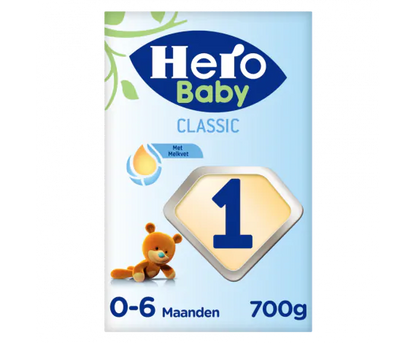 Packaging of Hero Baby Classic Stage 1 infant formula, indicating it is suitable for 0-6 month old infants and has a weight of 700g.
