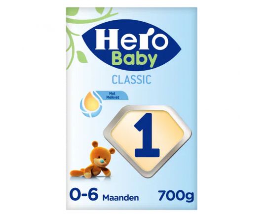 Packaging of Hero Baby Classic Stage 1 infant formula, indicating it is suitable for 0-6 month old infants and has a weight of 700g.