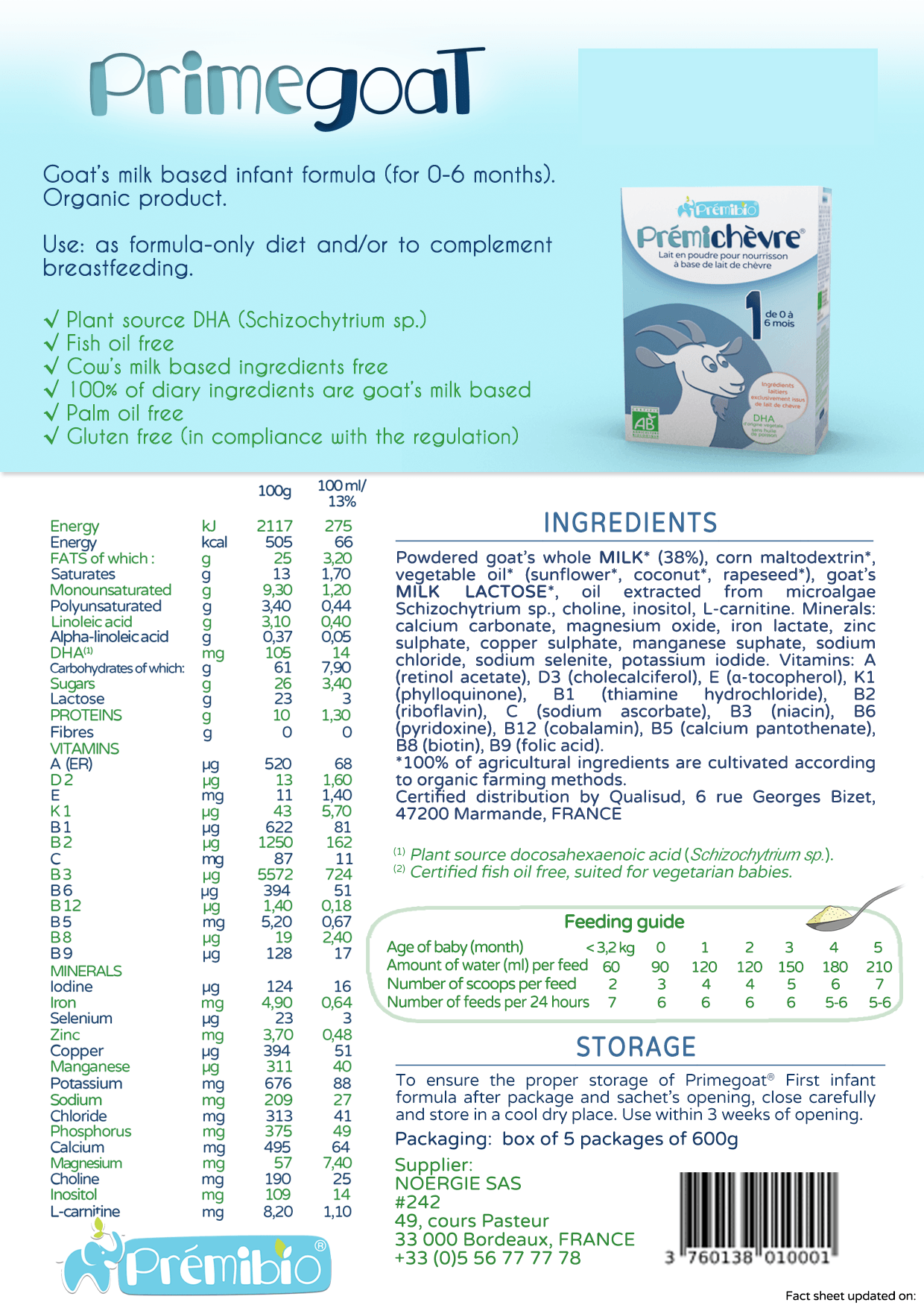 Premibio Goat Milk Stage 1 (0-6 months) Organic Infant Formula (600g/21oz) - Grow Organic Baby