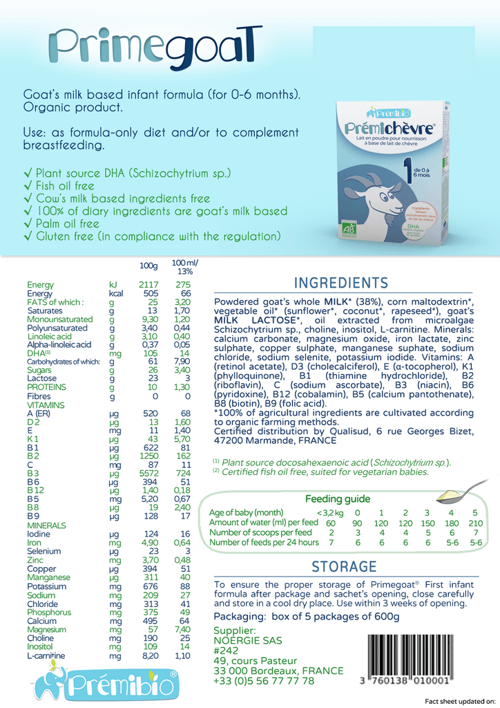 Premibio Goat Milk Stage 1 (0-6 months) Organic Infant Formula (600g/21oz) - Grow Organic Baby