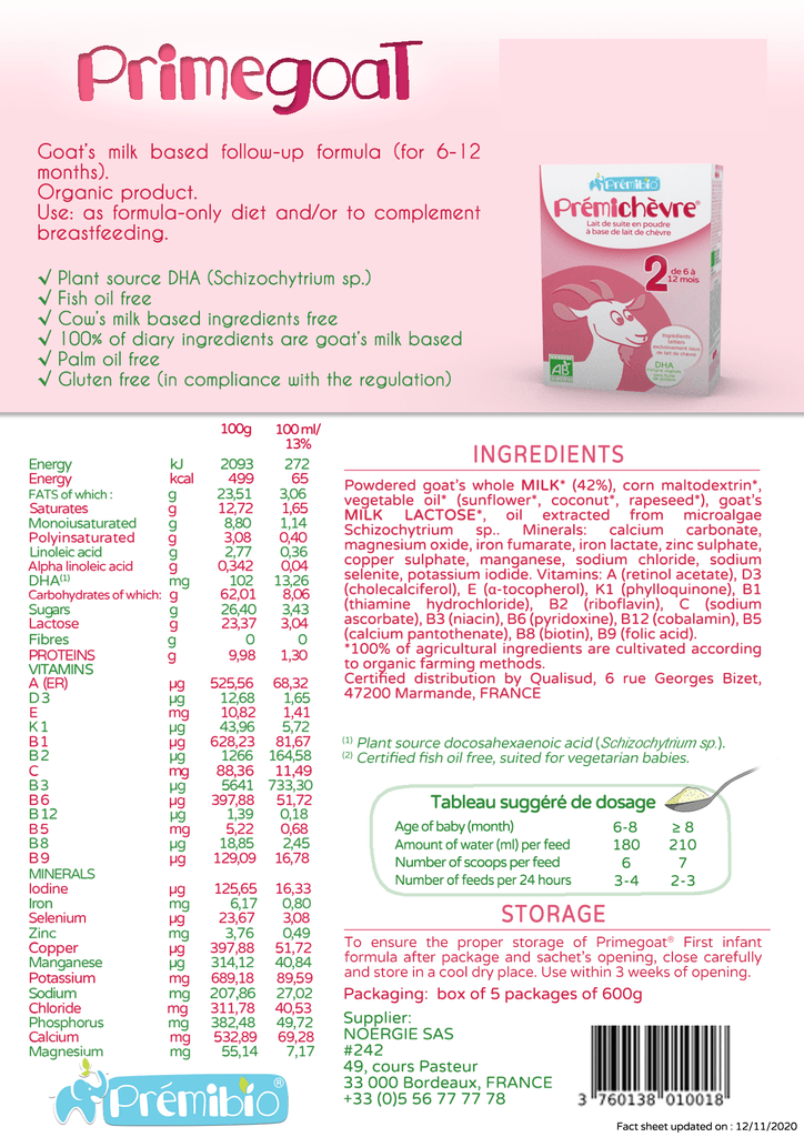 Premibio Goat Milk Stage 2 (6-12 months) Organic Follow On Formula (600g/21oz) - Grow Organic Baby