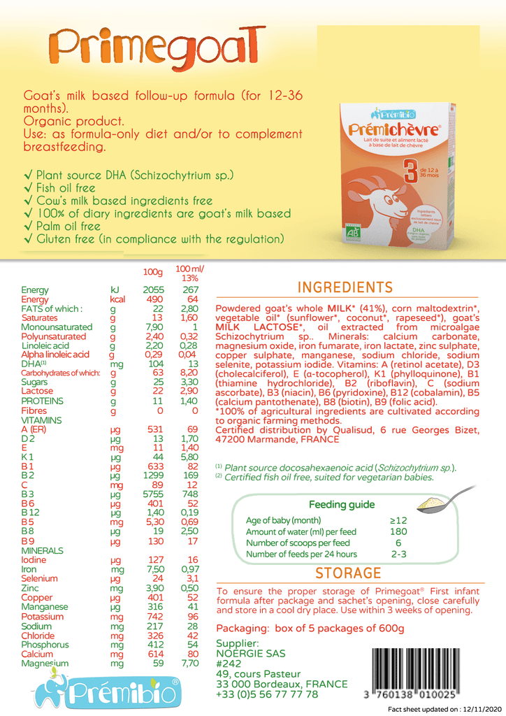 Premibio Goat Milk Stage 3 (12 months +) Organic Toddler Formula (600g/21oz) - Grow Organic Baby