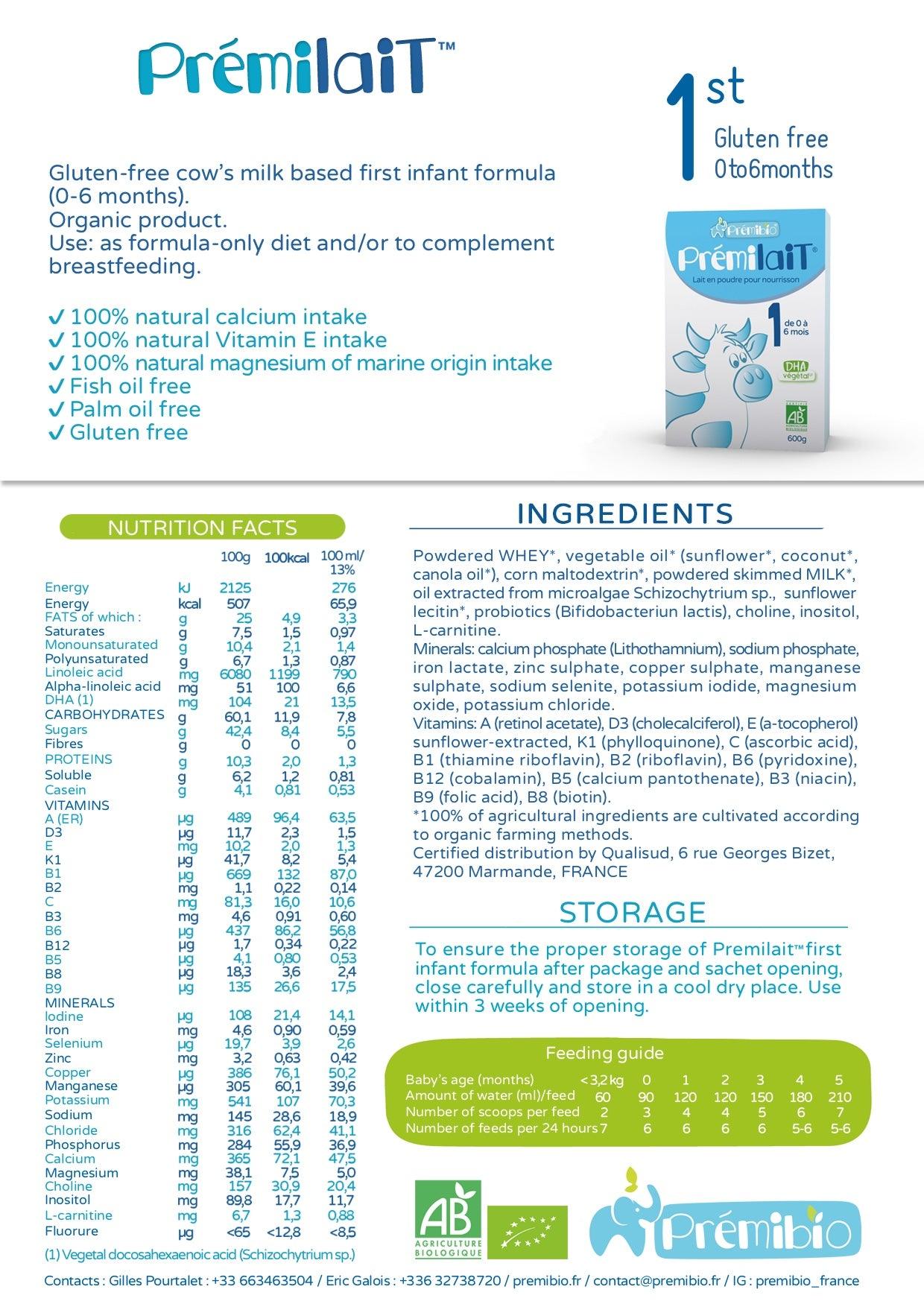 Premibio Premilait Cow Milk Stage 1 (0-6 months) Organic Infant Formula (600g/21oz) - Grow Organic Baby