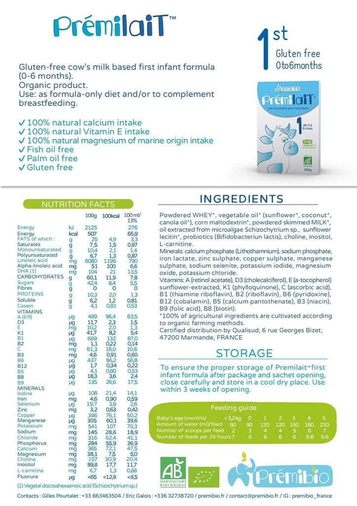 Premibio Premilait Cow Milk Stage 1 (0-6 months) Organic Infant Formula (600g/21oz) - Grow Organic Baby