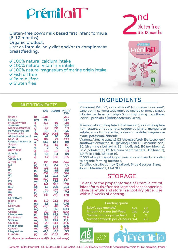 Premibio Premilait Cow Milk Stage 2 (6-12 months) Organic Follow On Formula (600g/21oz) - Grow Organic Baby