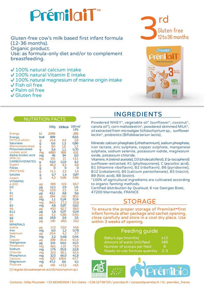Premibio Premilait Cow Milk Stage 3 (12 months+) Organic Toddler Formula (600g/21oz) - Grow Organic Baby