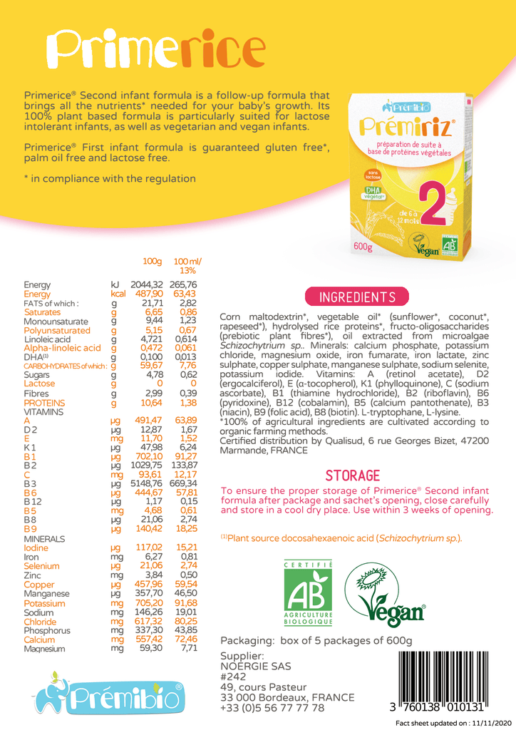 Prémiriz Stage 2 (6-12 Months) Organic Vegan Baby Formula (600g/21oz) - Grow Organic Baby
