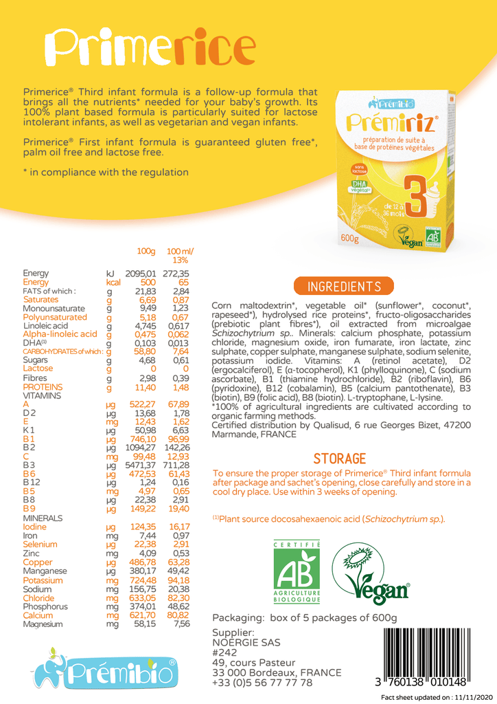 Prémiriz Stage 3 (12- 36 Months) Organic Vegan Baby Formula (600g/21oz) - Grow Organic Baby
